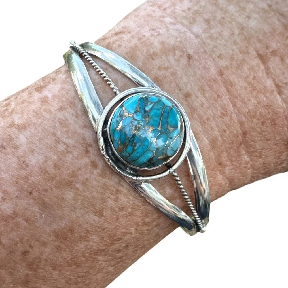 Blue Copper Turquoise Solid 925 Sterling Silver Cuff Bracelet: - Picture 3 of 3